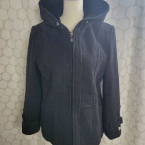 St Johns Bay Womens Charcoal Wool Cashmere Blend Hood Coat Zip Pea Coat Med